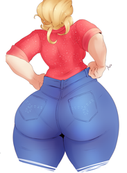 Size: 1327x1817 | Tagged: safe, artist:sundown, applejack, human, g4, applebucking thighs, applebutt, ass, butt, clothes, cropped, denim, female, humanized, jacqueline applebuck, jeans, large butt, muscles, pants, panty line, solo, the ass was fat, thighs, thunder thighs
