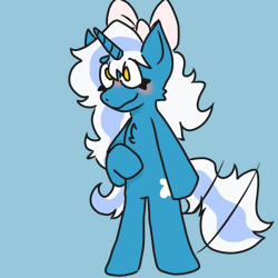 Size: 500x500 | Tagged: safe, artist:crayoncreature, oc, oc:fleurbelle, pony, semi-anthro, animated, arm hooves, blue background, blushing, bow, chest fluff, female, gif, hair bow, mare, simple background, smiling, solo, tail, tail wag