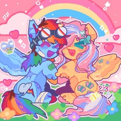 Size: 1080x1080 | Tagged: dead source, safe, artist:fuzzy_sherb, fluttershy, rainbow dash, pegasus, pony, g4, bandage, bandaid, colorful, cuddling, duo, eyes closed, female, flower, goggles, goggles on head, grass, heart, heart tongue, lesbian, open mouth, open smile, pink sky, rainbow, ship:flutterdash, shipping, smiling, sparkles, stylized, wings, xd