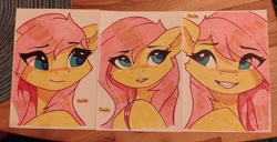 Size: 1280x656 | Tagged: safe, artist:freeedon, part of a set, fluttershy, pegasus, pony, g4, bust, eye clipping through hair, hooves together, solo, traditional art