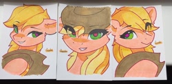 Size: 1280x626 | Tagged: safe, artist:freeedon, part of a set, applejack, earth pony, pony, g4, bust, cute, eye clipping through hair, jackabetes, solo, traditional art