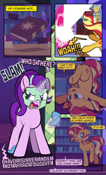 Size: 1920x3168 | Tagged: safe, artist:alexdti, starlight glimmer, sunset shimmer, pony, unicorn, comic:quest for friendship, g4, book, clothes, comic, dialogue, duo, duo female, ears back, female, glowing, glowing horn, high res, hooves, horn, lidded eyes, magic, mare, mud mask, one eye closed, onomatopoeia, open mouth, raised leg, shadow, slippers, speech bubble, standing, tail, telekinesis, underhoof, upside down, yelling