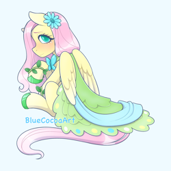 Size: 2048x2048 | Tagged: safe, artist:bluecocoaart, fluttershy, pegasus, pony, g4, clothes, colored pupils, dress, flower, flower in hair, grand galloping gala, high res, simple background, sitting, smiling, solo