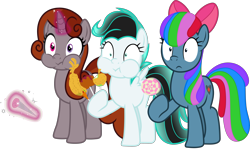 Size: 4541x2769 | Tagged: safe, artist:frownfactory, edit, editor:fauli1221, vector edit, oc, oc only, oc:azure star (fauli1221), oc:funny jo, oc:light jet, earth pony, pegasus, pony, unicorn, .svg available, bow, closed mouth, eating, female, food, horn, magic, mare, recolor, simple background, svg, transparent background, trio, vector, wide eyes, wings