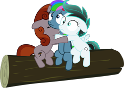 Size: 3759x2656 | Tagged: safe, artist:frownfactory, edit, editor:fauli1221, editor:funny jo, vector edit, oc, oc only, oc:azure star (fauli1221), oc:funny jo, oc:light jet, earth pony, pegasus, pony, unicorn, g4, sleepless in ponyville, .svg available, eyes closed, female, filly, floppy ears, foal, high res, horn, hug, log, recolor, scared, simple background, svg, transparent background, trio, vector, wings