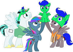 Size: 4453x3203 | Tagged: safe, artist:frownfactory, edit, editor:funny jo, vector edit, oc, oc:azure star (fauli1221), oc:doc anubis, oc:funny jo, oc:light jet, pegasus, pony, .svg available, bipedal, clothes, costume, female, filly, foal, freckles, happy, hat, male, mare, recolor, scarf, shirt, simple background, smiling, stallion, stubble, svg, transparent background, unshorn fetlocks, vector, wings
