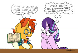 Size: 1024x698 | Tagged: safe, artist:bobthedalek, starlight glimmer, sunburst, pony, unicorn, g4, atg 2022, blaze (coat marking), book, coat markings, duo, duo male and female, facial markings, female, head in hooves, like father like daughter, like parent like child, looking at someone, male, mare, newbie artist training grounds, scribbles, scrunchy face, ship:starburst, shipping, simple background, socks (coat markings), speech bubble, stallion, straight, talking, thought bubble, white background
