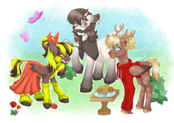 Size: 1280x905 | Tagged: safe, artist:delfinaluther, oc, butterfly, changeling, deer, earth pony, pegasus, pony, pony town, bush, cape, clothes, commission, deer oc, dress, facial hair, female, flower, food, friends, group, happy, hoodie, horn, male, moustache, muffin, non-pony oc, red eyes, socks, table