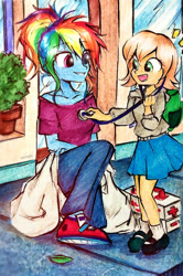 Size: 729x1096 | Tagged: safe, artist:liaaqila, rainbow dash, oc, oc:healing touch, human, equestria girls, g4, alternate hairstyle, bag, checkup, clothes, happy, helpful, hoodie, shopping bag, skirt, stethoscope, stressed, traditional art