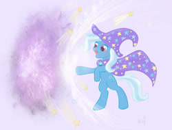 Size: 1280x974 | Tagged: safe, artist:kwaiikay, trixie, pony, unicorn, atg 2022, bipedal, cape, clothes, female, hat, magic, mare, newbie artist training grounds, open mouth, solo, trixie's cape, trixie's hat