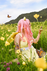 Size: 3951x6000 | Tagged: safe, artist:shadeila, artist:themoonraven, fluttershy, human, g4, absurd resolution, admiral (butterfly), clothes, cosplay, costume, flower, irl, irl human, meadow, photo, solo