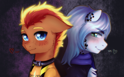 Size: 2640x1640 | Tagged: safe, artist:vaiola, oc, oc only, oc:cold front, oc:fireheart(fire), big cat, hybrid, leopard, pegasus, pony, snow leopard, big eyes, blushing, bodysuit, bust, chest fluff, clothes, commission, couple, cute, dark background, eyebrows, fetish, freckles, latex, latex suit, looking at you, looking back, male, pegasus oc, portrait, rubber, rubber suit, scarf, shiny, shy, simple background, smiling, stripes, tight clothing