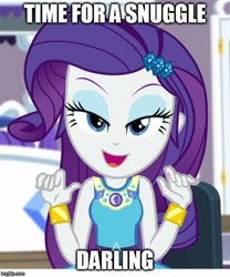 Size: 500x602 | Tagged: dead source, safe, artist:mlpfan3991, edit, edited screencap, screencap, rarity, human, camping must-haves, equestria girls, g4, my little pony equestria girls: better together, bedroom eyes, caption, darling, eyebrows, eyeshadow, female, geode of shielding, image macro, imgflip, imma snuggle you, looking at you, magical geodes, makeup, meme, open mouth, open smile, rarity peplum dress, seductive look, smiling, smiling at you, snuggles?, solo, stupid sexy rarity, text