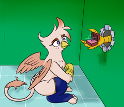 Size: 870x753 | Tagged: safe, artist:jargon scott, oc, oc:whore birb, griffon, bathroom stall, clothes, engagement ring, female, female focus, glory hole, griffon oc, implied gallus, meme, offscreen character, ponified meme, socks, solo focus, stockings, thigh highs