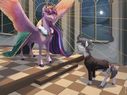 Size: 4000x3000 | Tagged: safe, artist:maxiima, twilight sparkle, oc, alicorn, pony, unicorn, beard, cape, clothes, crown, duo, duo male and female, eye contact, facial hair, female, floor, frown, glasses, halo, high res, horn, jewelry, long mane, looking at each other, looking at someone, male, mare, moon, night, nimbus, regalia, room, signature, smiling, smirk, spread wings, stallion, standing, suit, twilight sparkle (alicorn), unicorn oc, unshorn fetlocks, window, wings