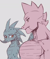 Size: 1754x2080 | Tagged: safe, artist:nire, princess ember, spike, dragon, g4, adult, adult spike, beefspike, dragoness, duo, female, gigachad spike, girl staring at guy's chest, gray background, height difference, limited palette, male, meme, muscles, muscular male, older, older spike, pecs, ship:emberspike, shipping, simple background, straight