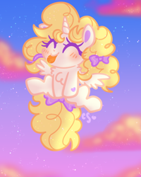 Size: 800x1000 | Tagged: safe, artist:cutiesparke, baby surprise, alicorn, pony, g1, g4, :p, alternate hairstyle, baby, baby adoraprise, baby pony, baby surprisicorn, blushing, bow, cloud, cute, eye clipping through hair, eyes closed, female, filly, flying, foal, g1 to g4, generation leap, gradient background, hair bow, hoof heart, horn, pigtails, princess surprise, race swap, sky, solo, starry night, stars, sunset, tail, tail bow, tongue out, wings