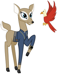 Size: 2928x3800 | Tagged: safe, artist:cheezedoodle96, artist:php170, edit, editor:ponygamer2020, idw, queen birch, bird, deer, fallout equestria, g4, spoiler:comic, spoiler:comic61, clothes, cloven hooves, convocation of the creatures, doe, fallout, female, high res, horn, idw showified, jumpsuit, pipboy, raised hoof, show accurate, simple background, solo, stag, transparent background, vault suit, vector