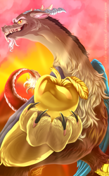 Size: 745x1200 | Tagged: safe, artist:sadowwolfkact, discord, draconequus, g4, apple, claws, fangs, food, golden apple, low angle, male, sharp teeth, solo, speedpaint, sunlight, sunset, teeth