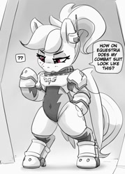 Size: 859x1200 | Tagged: safe, artist:pabbley, rainbow dash, pegasus, pony, alternate hairstyle, armor, belly button, bipedal, black and white, clothes, dialogue, earpiece, female, grayscale, leotard, mare, monochrome, partial color, ponytail, question mark, sexy, solo, speech bubble, stupid sexy rainbow dash