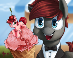 Size: 2250x1800 | Tagged: safe, artist:supermoix, oc, oc:hunter blood moon, bat pony, earth pony, pony, blue eyes, bow, cherry, clothes, cute, food, ice cream, ice cream shop, looking at each other, looking at someone, lying down, red hair, simple background, tuxedo