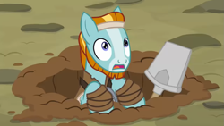 Size: 1397x786 | Tagged: safe, screencap, rockhoof, earth pony, pony, campfire tales, g4, season 7, ditch, hole, little rockhoof, male, open mouth, rockhoof's shovel, shovel, solo, stallion