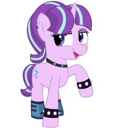 Size: 1800x2000 | Tagged: safe, artist:tikapony, starlight glimmer, pony, unicorn, g4, the parent map, choker, clothes, edgelight glimmer, eye clipping through hair, eyebrows, eyeshadow, female, filly, filly starlight glimmer, makeup, open mouth, open smile, raised hoof, shoes, simple background, smiling, solo, spiked wristband, teenager, white background, wristband, younger