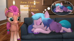 Size: 1920x1080 | Tagged: safe, artist:red4567, izzy moonbow, sunny starscout, earth pony, pony, unicorn, g4, g5, 3d, atg 2022, couch, cute, dialogue, dream, droste effect, duo, duo female, female, g5 to g4, generation leap, horn, izzybetes, mare, newbie artist training grounds, recursion, shaped like itself, simpsons did it, sleeping, source filmmaker, thought bubble