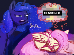Size: 2732x2048 | Tagged: safe, artist:phutashi, fluttershy, princess luna, alicorn, pegasus, pony, atg 2022, black background, bruh, bruh in the comments, censor bar, censored, cute, dream, dream walker luna, duo, duo female, female, high res, luna is not amused, lying, mare, mosaic censor, newbie artist training grounds, onomatopoeia, ponyloaf, prone, shyabetes, simple background, sleeping, sound effects, thought bubble, unamused, zzz