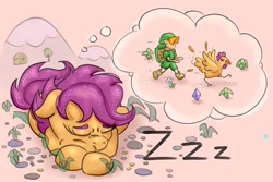Size: 2000x1333 | Tagged: safe, artist:nedemai, scootaloo, bird, chicken, pegasus, pony, g4, atg 2022, dream, female, filly, foal, link, newbie artist training grounds, onomatopoeia, scootachicken, sleeping, solo, sound effects, the legend of zelda, thought bubble, zzz