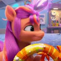 Size: 600x600 | Tagged: safe, screencap, sunny starscout, earth pony, pony, g5, my little pony: make your mark, my little pony: make your mark chapter 1, spoiler:my little pony: make your mark, animated, cropped, cute, ear flick, female, gif, i watch it for the ears, magic, mane stripe sunny, mare, solo, spoon, sunnybetes