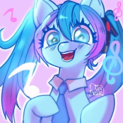Size: 1080x1080 | Tagged: safe, artist:rururuis, earth pony, pony, anime, bust, eyelashes, female, hatsune miku, heart, heart eyes, mare, music notes, necktie, ponified, signature, smiling, solo, vocaloid, wingding eyes