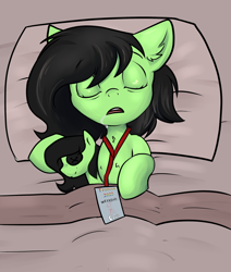 Size: 2200x2600 | Tagged: safe, artist:dumbwoofer, oc, oc:filly anon, earth pony, pony, trotcon, badge, bed, bed mane, bed sheets, chest fluff, comfy, drool, ear fluff, eyes closed, female, filly, foal, high res, lanyard, lying down, on back, open mouth, plushie, self plushidox, simple background, sleeping, solo, tired