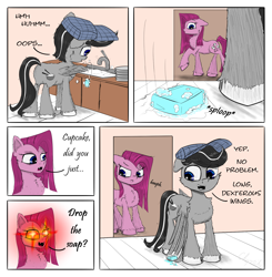 Size: 2500x2556 | Tagged: safe, artist:chopsticks, pinkie pie, oc, oc:chopsticks, earth pony, pegasus, pony, comic:wtb is this?, g4, :<, butt, butt fluff, canon x oc, cheek fluff, chest fluff, comic, denied, dialogue, disappointed, dishes, dropping the soap, ear fluff, eye beams, fangs, female, hat, high res, husband and wife, male, mare, pinkamena diane pie, plot, sink, sketch, soap, soap bubble, stallion, text, unshorn fetlocks, wing hands, wings