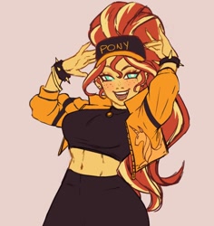 Size: 630x668 | Tagged: safe, artist:nire, sunset shimmer, human, equestria girls, alternate hairstyle, baseball cap, belly button, cap, clothes, female, freckles, hat, jacket, looking at you, midriff, open mouth, open smile, pink background, simple background, smiling, smiling at you, solo, spiked wristband, wip, wristband