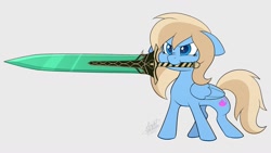 Size: 1569x883 | Tagged: safe, artist:scarlet-spectrum, oc, oc only, oc:lusty symphony, pegasus, pony, commission, female, greatsword, moonlight great sword, mouth hold, pegasus oc, solo, sword, weapon, your character here