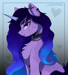 Size: 1684x1851 | Tagged: safe, artist:_candypone_, izzy moonbow, pony, unicorn, g5, chest fluff, choker, ear piercing, eyebrow slit, eyebrows, female, goth, goth izzy, industrial piercing, lidded eyes, looking at you, mare, piercing, simple background, sitting, solo