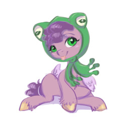 Size: 640x640 | Tagged: safe, artist:kovoranu, pipp petals, pegasus, pony, g5, adorapipp, cute, eyebrows, eyebrows visible through hair, female, frog hat, looking at you, mare, simple background, sitting, smiling, smiling at you, solo, white background