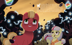 Size: 7083x4479 | Tagged: safe, artist:bearmation, apple bloom, sprout cloverleaf, earth pony, pony, g4, g5, absurd resolution, apple, apple tree, clothes, duo, elderly, female, food, granny smith's shawl, lightning, male, mare, older, older apple bloom, shawl, smiling, stallion, story included, sweat, text, tree, zap apple, zap apple tree