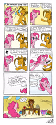 Size: 1150x2550 | Tagged: safe, artist:fidzfox, pinkie pie, oc, oc:benny, oc:divine light, earth pony, pony, g4, ^^, balloon, bipedal, birthday, cake, confetti, crying, dialogue, emanata, eyes closed, food, french, grammar error, grin, gritted teeth, open mouth, open smile, party horn, present, shivering, shoving, smiling, streamers, sweat, sweatdrops, teeth, translated in the comments