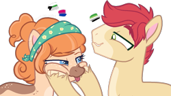 Size: 1237x699 | Tagged: safe, artist:thatonefluffs, bright mac, pear butter, earth pony, pony, g4, the perfect pear, :p, >:p, aromantic pride flag, bisexual pride flag, demiromantic pride flag, freckles, headcanon, pride, pride flag, redesign, sexuality headcanon, simple background, tongue out, transparent background, unshorn fetlocks