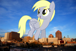 Size: 1944x1301 | Tagged: safe, artist:dashiesparkle, artist:thegiantponyfan, derpy hooves, pegasus, pony, g4, albuquerque, female, giant derpy hooves, giant pegasus, giant pony, giantess, highrise ponies, irl, macro, mare, mega giant, new mexico, photo, ponies in real life, run for your lives