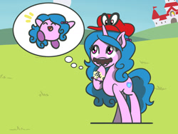 Size: 1800x1350 | Tagged: safe, artist:flutterluv, part of a set, izzy moonbow, pony, puffball, unicorn, g5, atg 2022, cappy (mario), facial hair, female, hat, kirby, kirby (series), kirbyfied, mare, moustache, mushroom kingdom, newbie artist training grounds, part of a series, sad, solo, species swap, super mario bros., super mario odyssey, thought bubble