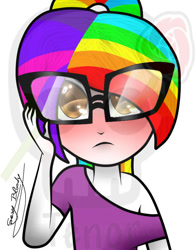 Size: 591x753 | Tagged: safe, artist:djdupstep15, human, equestria girls, g4, blushing, bust, clothes, female, glasses, multicolored hair, rainbow hair, signature, solo