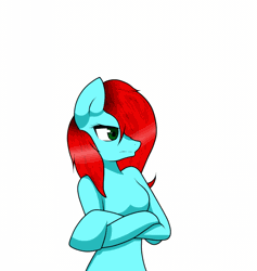 Size: 927x976 | Tagged: safe, artist:djdupstep15, oc, oc only, earth pony, anthro, animated, arm hooves, breasts, bust, dialogue, frown, gif, offscreen character, simple background, solo, white background