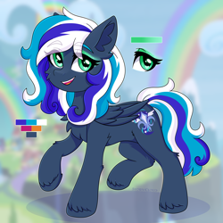 Size: 2500x2500 | Tagged: safe, artist:stesha, oc, oc only, oc:flaming dune, pegasus, pony, chest fluff, cute, cutie mark, eyeshadow, female, folded wings, full body, gradient eyes, green eyes, high res, looking at you, makeup, mare, multicolored hair, multicolored tail, open mouth, open smile, pegasus oc, raised hoof, reference, reference sheet, smiling, smiling at you, solo, tail, wings