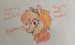 Size: 1511x920 | Tagged: safe, artist:pony quarantine, oc, oc only, oc:amber rose (thingpone), oc:thingpone, pony, ask pony crayontine, bust, crayon drawing, dialogue, female, looking at you, mare, solo, talking to viewer, traditional art