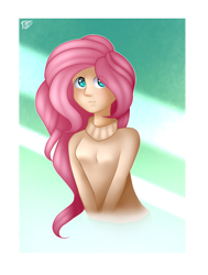 Size: 970x1284 | Tagged: safe, artist:prettyshinegp, fluttershy, human, g4, abstract background, bust, clothes, eye clipping through hair, female, humanized, signature, solo, sweater, sweatershy