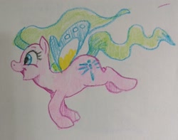 Size: 2048x1613 | Tagged: safe, artist:pony quarantine, high flyer, flutter pony, pony, g1, g4, ask pony crayontine, crayon drawing, female, flying, g1 to g4, generation leap, mare, open mouth, open smile, smiling, solo, traditional art