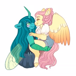 Size: 2179x2179 | Tagged: safe, artist:merviellee, fluttershy, queen chrysalis, changedling, changeling, anthro, g4, alternate hairstyle, blushing, boop, carrying, chrysashy, clothes, female, high res, lesbian, mare, noseboop, purified chrysalis, shipping, shorts, simple background, skirt, white background